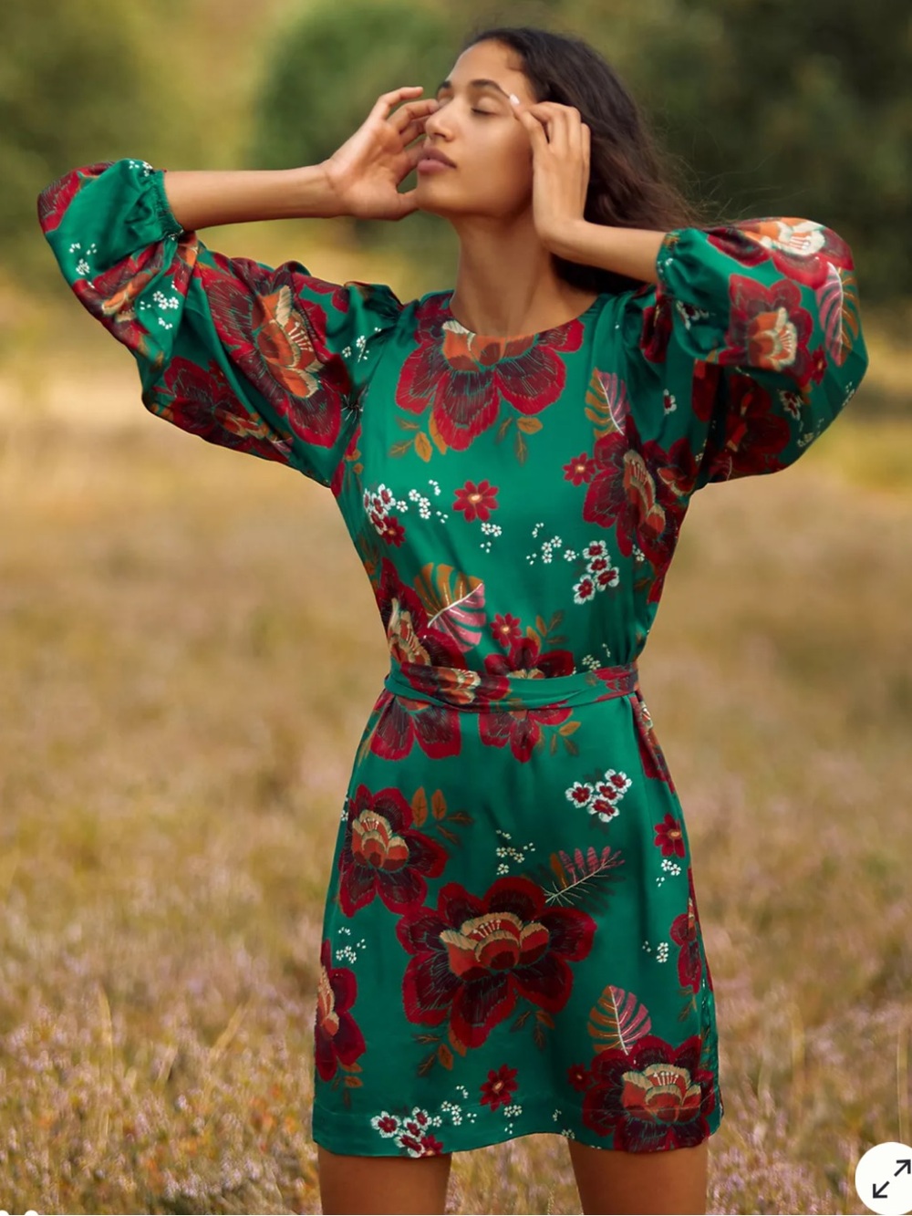 FARM Rio Green Floral Puff-Sleeve Mini Dress with Red Accents